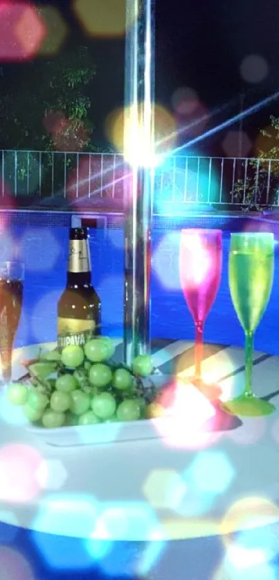 Colorful drinks and grapes by a night pool.