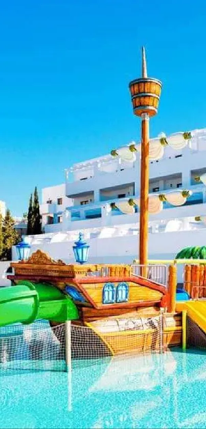 Colorful poolside playground with slides and clear blue sky.