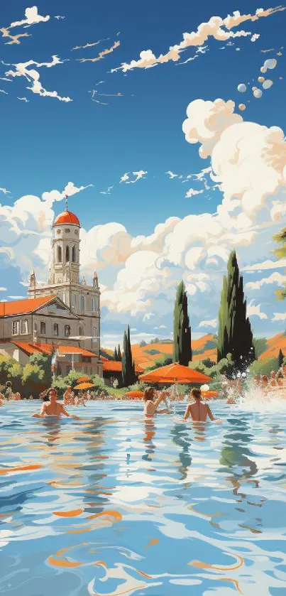 Vibrant poolside scene with ornate building and fluffy clouds.