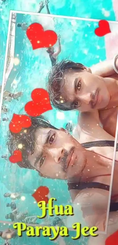 Vibrant poolside selfie with red hearts.