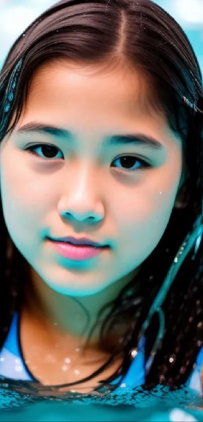 Serene portrait of a girl in a swimming pool with vibrant blue water.