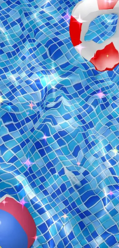 Bright pool wallpaper with beach items and blue tiles.