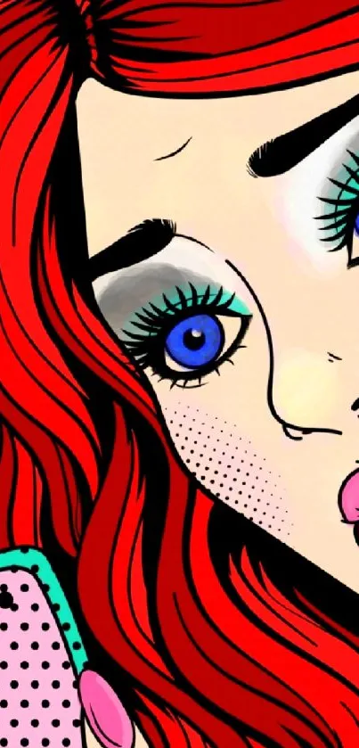 Colorful pop art wallpaper of a woman with red hair and bright blue eyes.