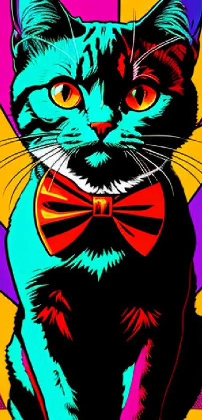 Vibrant pop art style cat with a red bow tie on a colorful background.