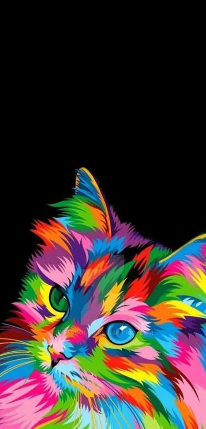 Colorful pop art cat against a black background in vibrant neon shades.