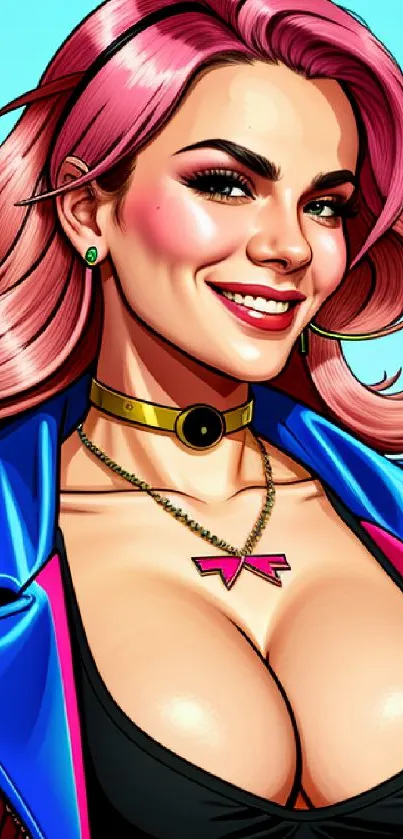 Stylized pop art female character mobile wallpaper with vibrant colors.