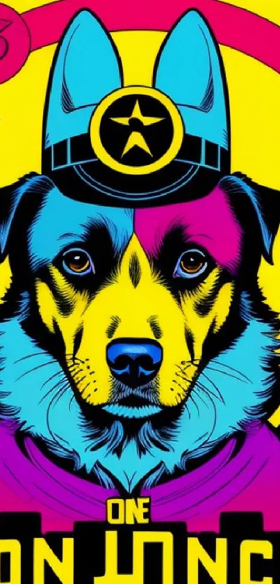 Vibrant pop art wallpaper featuring a colorful dog with neon accents.