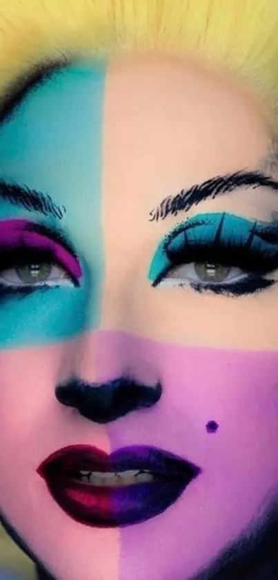 Pop art face with vivid makeup in yellow, blue, and pink tones.