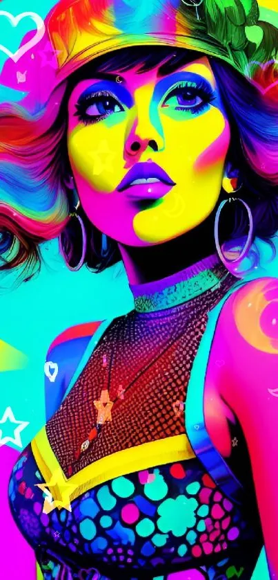 Vibrant pop art style female portrait with colorful abstract design.
