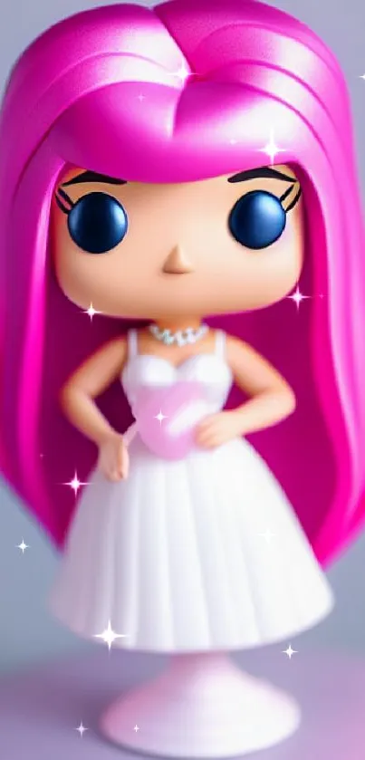 Colorful pop art figurine with bright pink hair and white dress.