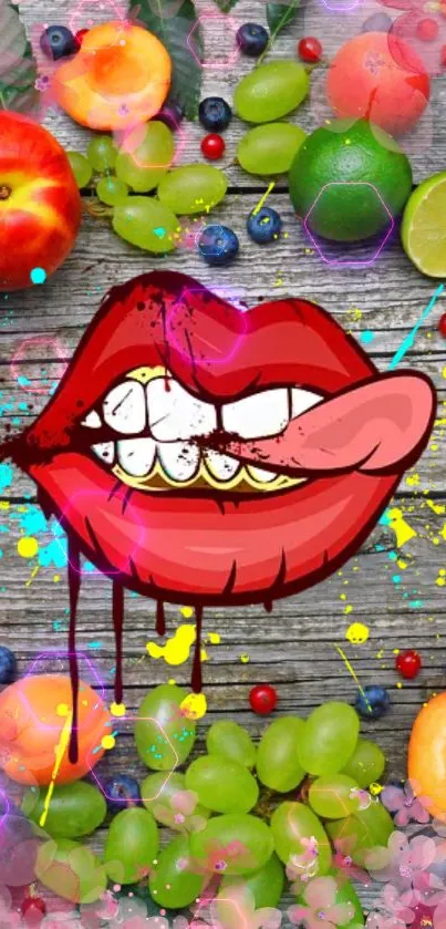 Pop art lips with colorful fruits on wooden background wallpaper.