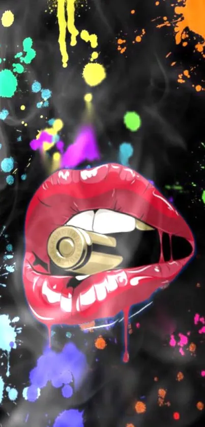 Bold graffiti lips with neon splashes on black background wallpaper.