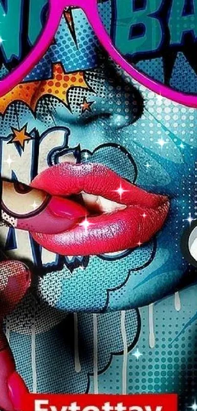 Dynamic pop art wallpaper with vibrant red lips and comic style elements.