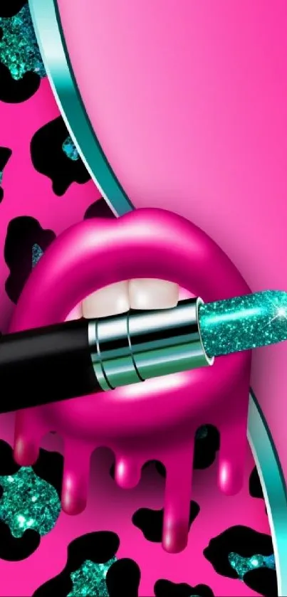 Vibrant pop art wallpaper with pink lips and turquoise glitter lipstick.