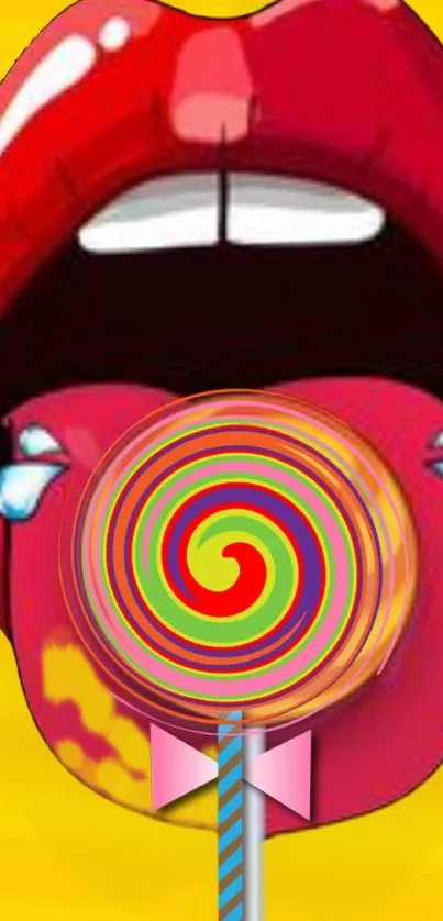 Pop art wallpaper with red lips and colorful lollipop.