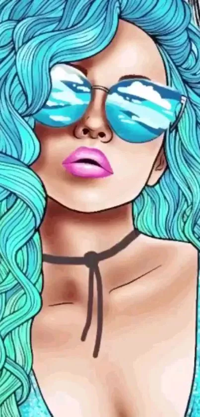 Pop art wallpaper featuring a woman with blue hair and reflective sunglasses.