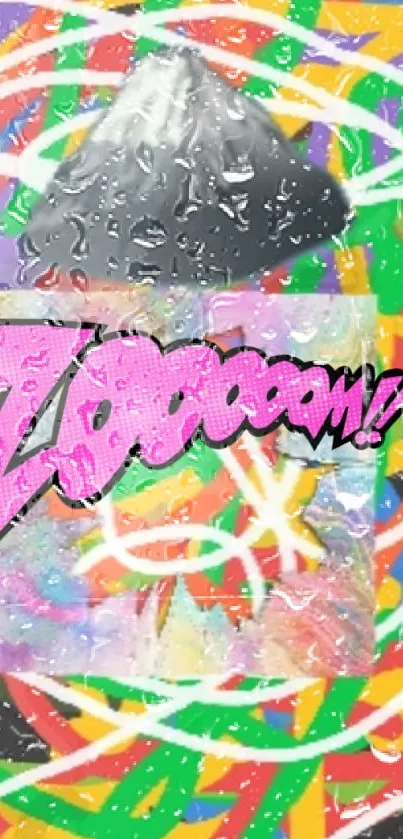 Dynamic pop art wallpaper with pink, colorful patterns and bold text.