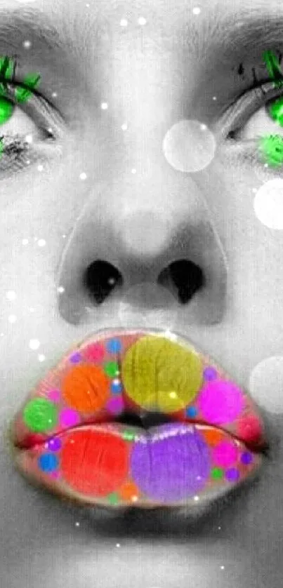 Colorful pop art wallpaper with green eyes and vibrant lips.