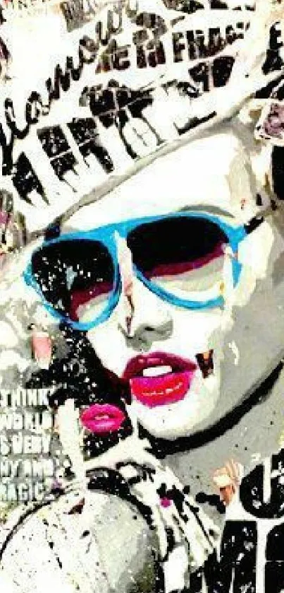 Pop art style wallpaper of a woman with blue sunglasses and vibrant colors.