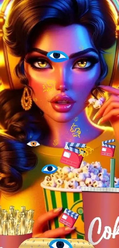 Colorful pop art wallpaper with a stylish character and popcorn.
