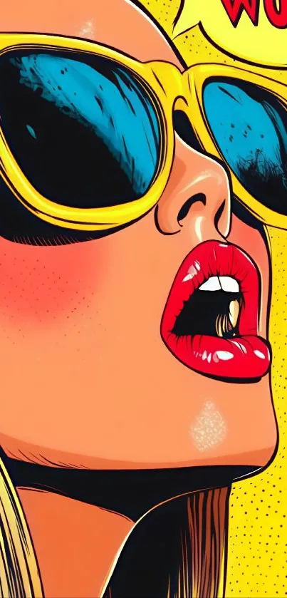 Pop art style woman with sunglasses, bold colors.