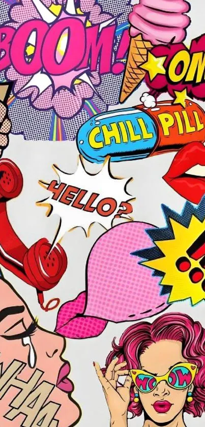 Vibrant pop art comic design wallpaper featuring retro elements.