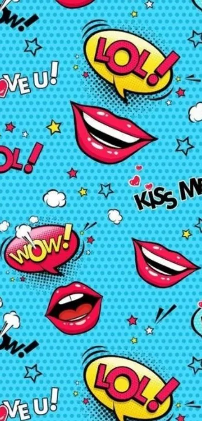 Vibrant comic-style pop art wallpaper with lips and fun text on blue background.