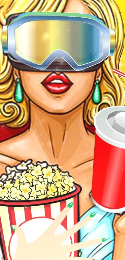 Pop art woman with VR goggles and popcorn in vibrant colors.