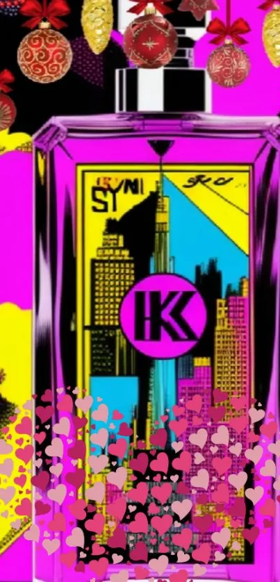 Pop art style perfume bottle with cityscape and hearts.