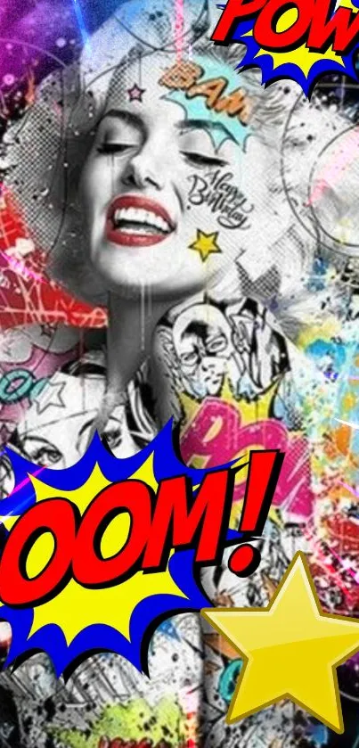 Vibrant pop art wallpaper with colorful splashes and comic elements on a phone screen.
