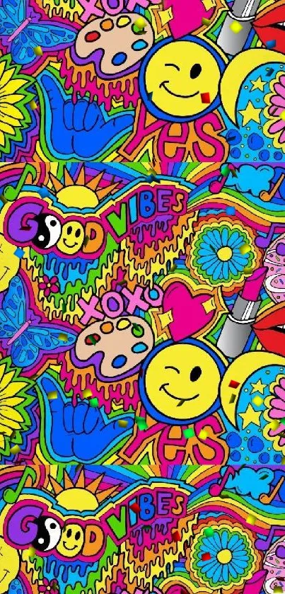 Vibrant pop art wallpaper with colorful motifs and smiley faces.