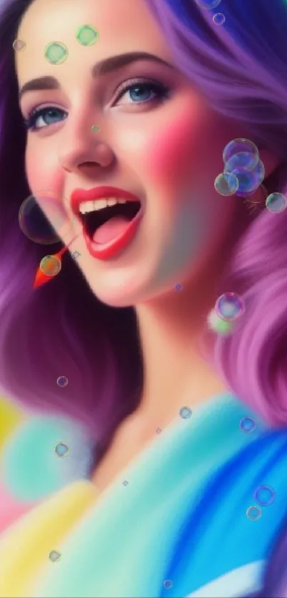Vibrant pop art wallpaper featuring a colorful portrait of a woman with purple hair.
