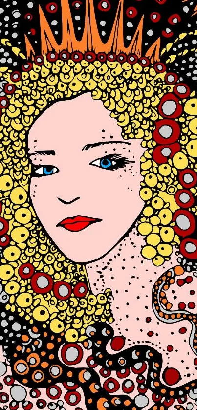 Pop art style portrait with vibrant colors and intricate patterns.