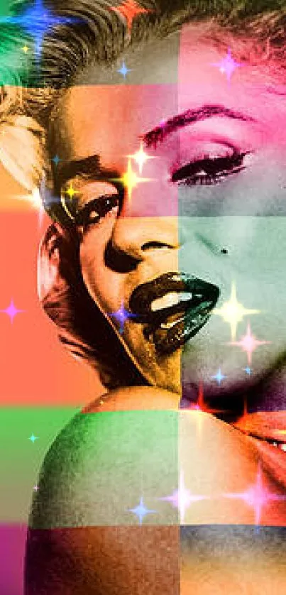 Vibrant, colorful pop art wallpaper of a classic Hollywood icon.