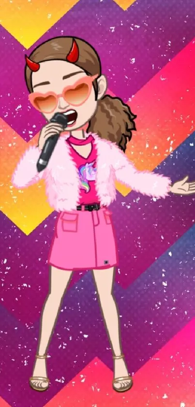 Cartoon singer on vibrant zigzag background wallpaper.