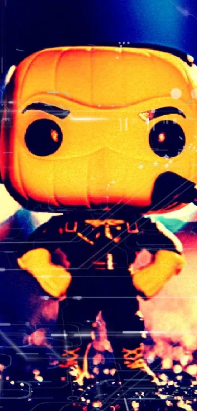 Vibrant pop art wallpaper with a toy figure and bokeh lights.