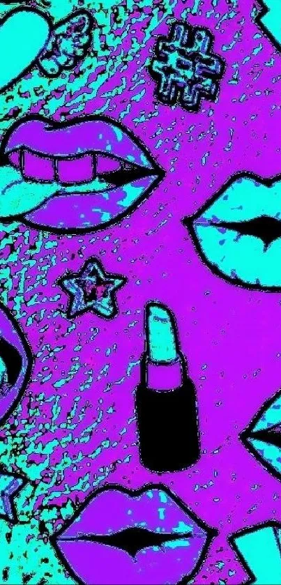 Neon pop art wallpaper with lips and hearts.