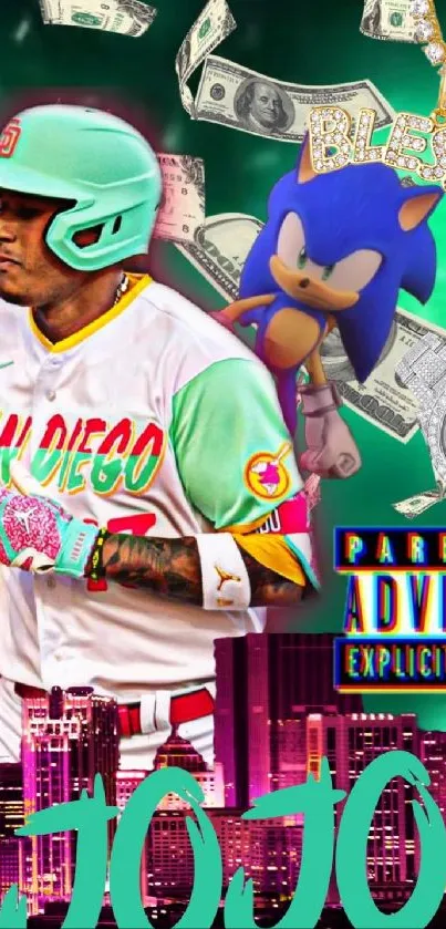 Dynamic collage with vibrant pop culture elements for mobile wallpaper.