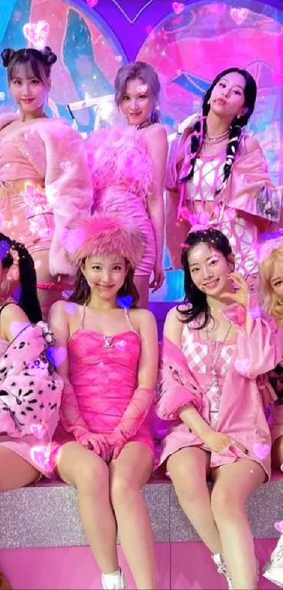 Pink-themed pop group in vibrant attire.