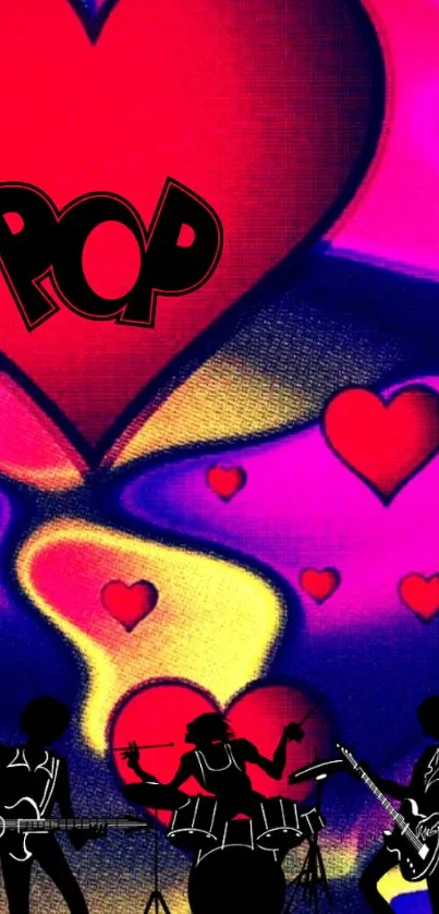 Colorful pop music wallpaper with hearts and musician silhouettes.