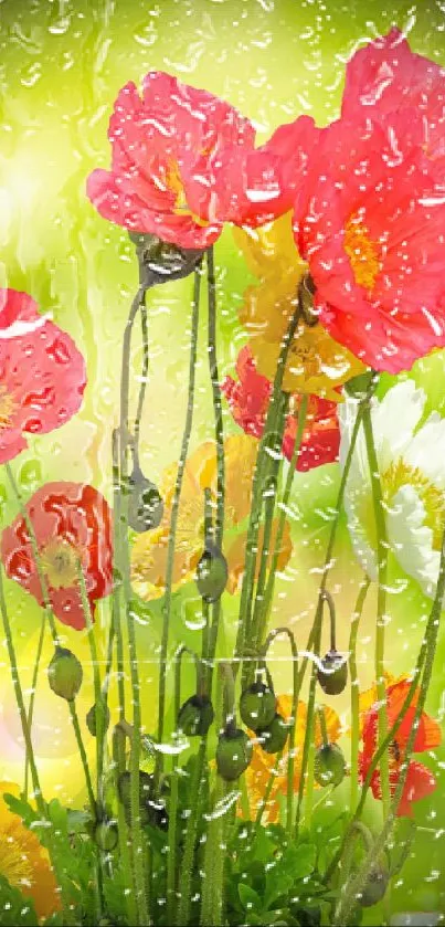 Colorful poppy flowers against a green background for mobile wallpaper.