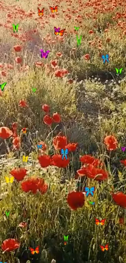 Vibrant poppy field with colorful butterflies in a sunny meadow.