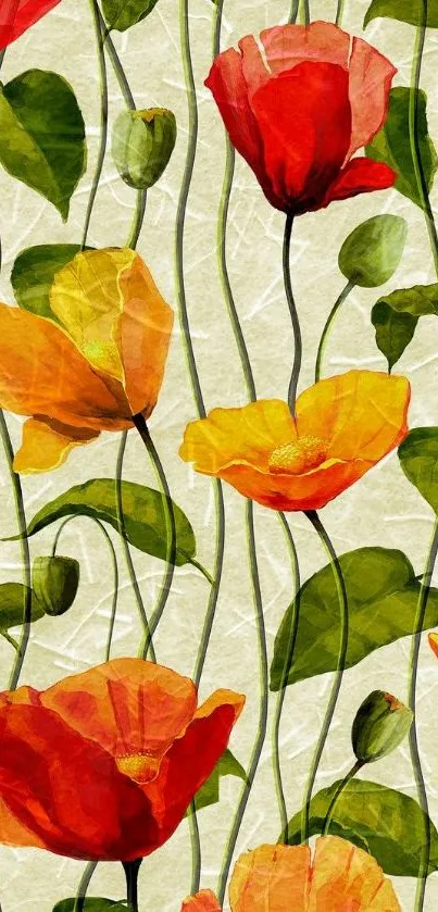 Vibrant poppy flower art wallpaper with red, orange, and yellow blooms.