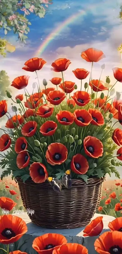 Basket of vibrant red poppies under a rainbow sky in nature.