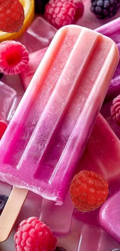 Pink popsicle with berries and citrus slices on violet ice.
