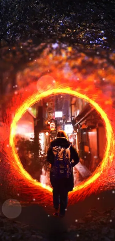 Person enters glowing portal in vibrant fantasy urban scene wallpaper.