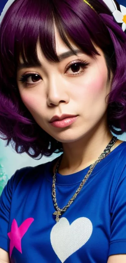 Colorful portrait wallpaper with purple hair and playful design elements.