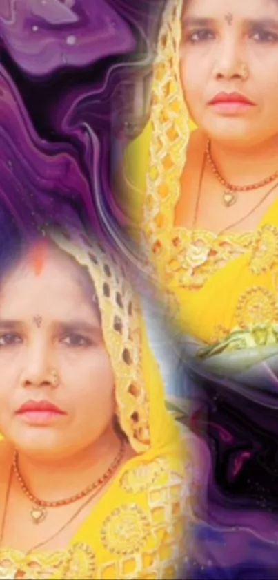 Vibrant portrait in traditional attire with purple and yellow swirls.