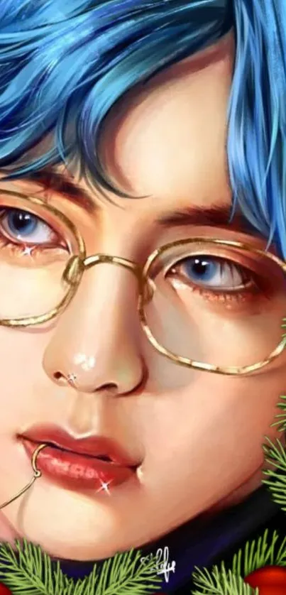 Realistic portrait with blue hair and glasses, vibrant digital art.