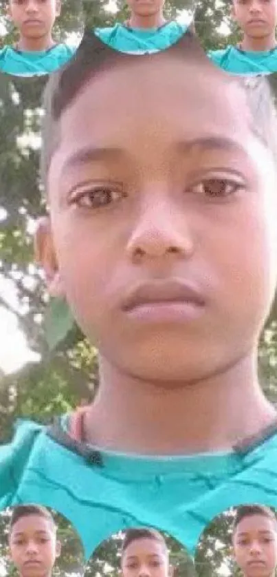 Vibrant teal portrait collage with artistic design.